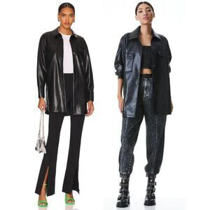Alice Olivia Shacket Vegan Leather Oversized Button Down Black Size M